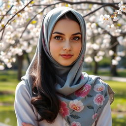 An elegant Russian girl wearing a stylish hijab, exuding grace and confidence