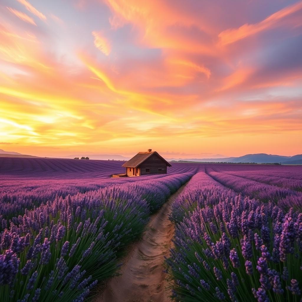 A breathtaking landscape featuring a sprawling lavender field in full bloom under a vibrant sunset sky, filled with hues of orange, pink, and purple