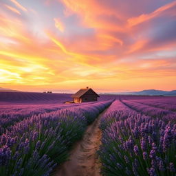 A breathtaking landscape featuring a sprawling lavender field in full bloom under a vibrant sunset sky, filled with hues of orange, pink, and purple