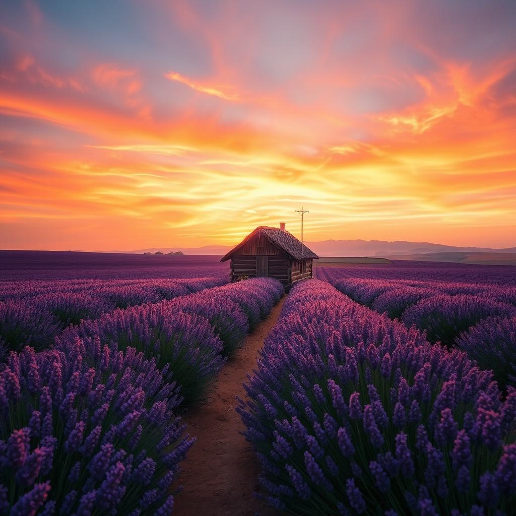 A breathtaking landscape featuring a sprawling lavender field in full bloom under a vibrant sunset sky, filled with hues of orange, pink, and purple