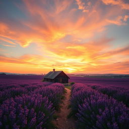 A breathtaking landscape featuring a sprawling lavender field in full bloom under a vibrant sunset sky, filled with hues of orange, pink, and purple