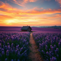 A breathtaking landscape featuring a sprawling lavender field in full bloom under a vibrant sunset sky, filled with hues of orange, pink, and purple