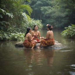 Create a scenic image of Mayan women bathing in a tranquil river amidst lush tropical vegetation. The women are engaging in warm conversation, their traditional clothing placed by the riverbank, capturing a moment of peace and communal bonding.