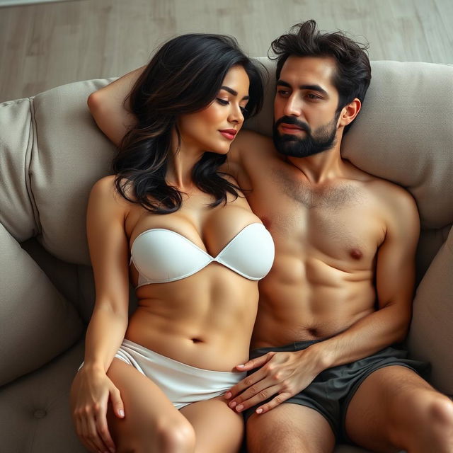 A mature brunette woman lying intimately on a sofa with a man