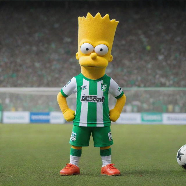 Bart Simpson wearing an Atlético Nacional soccer uniform, standing proudly in a vibrant football stadium.