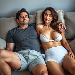 A mature brunette woman lying intimately on a sofa with a man