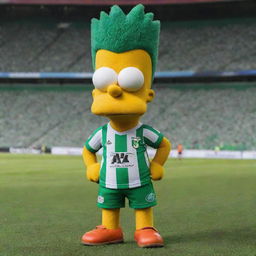 Bart Simpson wearing an Atlético Nacional soccer uniform, standing proudly in a vibrant football stadium.