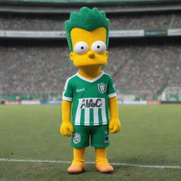 Bart Simpson wearing an Atlético Nacional soccer uniform, standing proudly in a vibrant football stadium.