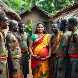 A pregnant Indian woman dressed in traditional attire, standing in a central position amidst a group of Black African men who are also in colorful traditional clothing