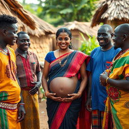 A pregnant Indian woman dressed in traditional attire, standing in a central position amidst a group of Black African men who are also in colorful traditional clothing