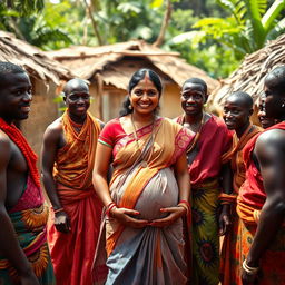 A pregnant Indian woman dressed in traditional attire, standing in a central position amidst a group of Black African men who are also in colorful traditional clothing