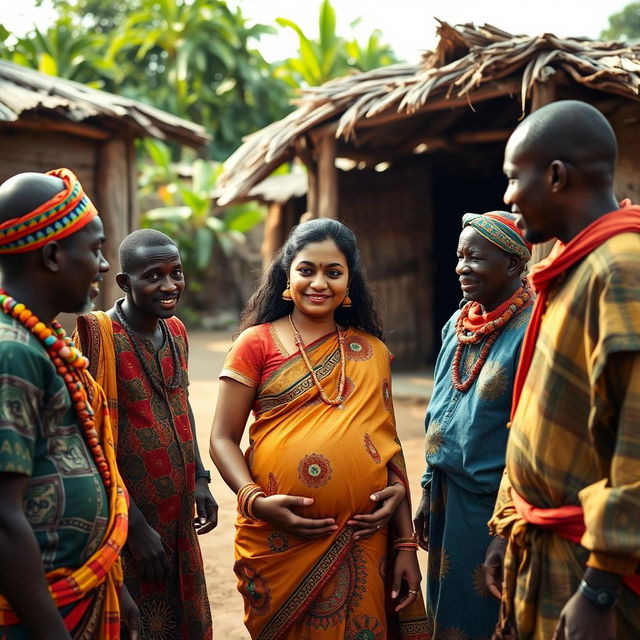 A pregnant Indian woman dressed in traditional attire, standing in a central position amidst a group of Black African men who are also in colorful traditional clothing