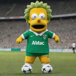 Bart Simpson wearing an Atlético Nacional soccer uniform, standing proudly in a vibrant football stadium.