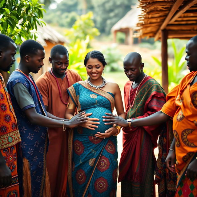 A pregnant Indian woman standing in a vibrant village surrounded by Black African men dressed in traditional attire