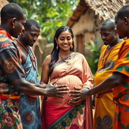 A pregnant Indian woman standing in a vibrant village surrounded by Black African men dressed in traditional attire