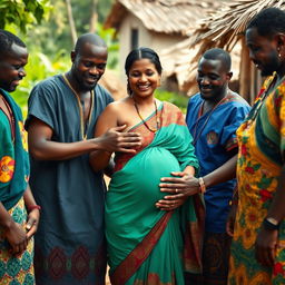 A pregnant Indian woman standing in a vibrant village surrounded by Black African men dressed in traditional attire