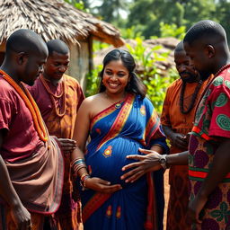 A pregnant Indian woman standing in a vibrant village surrounded by Black African men dressed in traditional attire