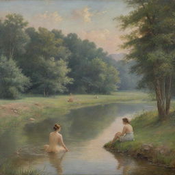 Depiction of a bucolic scene with women bathing in a serene river, surrounded by nature's beauty. The water reflects the hues of the sky, and the women are immersed in their peaceful routine, embodying a sense of tranquility.