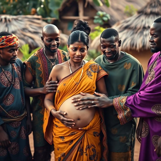 A worried pregnant Indian woman standing in a village setting, surrounded by Black African men dressed in colorful traditional attire