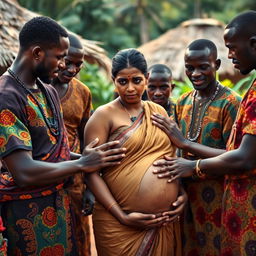 A worried pregnant Indian woman standing in a village setting, surrounded by Black African men dressed in colorful traditional attire