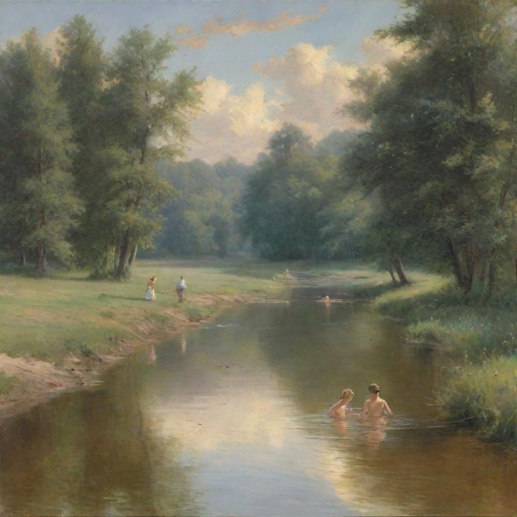 Depiction of a bucolic scene with women bathing in a serene river, surrounded by nature's beauty. The water reflects the hues of the sky, and the women are immersed in their peaceful routine, embodying a sense of tranquility.