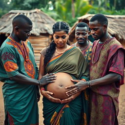 A worried pregnant Indian woman standing in a village setting, surrounded by Black African men dressed in colorful traditional attire