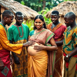 A worried pregnant Indian woman standing in a village setting, surrounded by Black African men dressed in colorful traditional attire