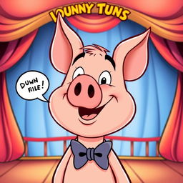 A cartoon-style illustration of Porky Pig, characterized by his round face, big ears, and iconic bow tie