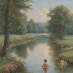 Depiction of a bucolic scene with women bathing in a serene river, surrounded by nature's beauty. The water reflects the hues of the sky, and the women are immersed in their peaceful routine, embodying a sense of tranquility.