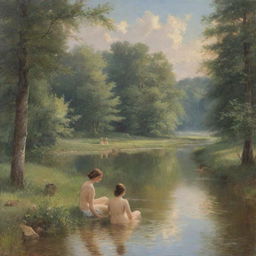 Depiction of a bucolic scene with women bathing in a serene river, surrounded by nature's beauty. The water reflects the hues of the sky, and the women are immersed in their peaceful routine, embodying a sense of tranquility.