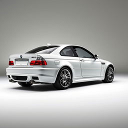 A BMW M3 E46 showcased in a sleek studio setting, featuring soft, smooth lighting that artfully highlights the car's bodylines and contours