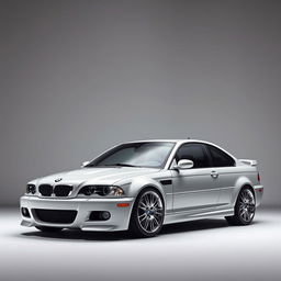 A BMW M3 E46 showcased in a sleek studio setting, featuring soft, smooth lighting that artfully highlights the car's bodylines and contours