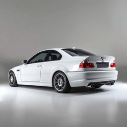 A BMW M3 E46 showcased in a sleek studio setting, featuring soft, smooth lighting that artfully highlights the car's bodylines and contours