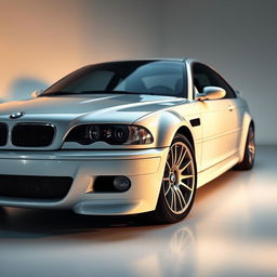 A BMW M3 E46 showcased in a sleek studio setting, featuring soft, smooth lighting that artfully highlights the car's bodylines and contours