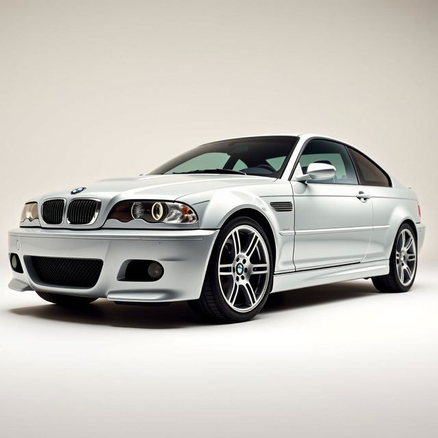 A BMW M3 E46 showcased in a sleek studio setting, featuring soft, smooth lighting that beautifully highlights the car's bodylines and contours