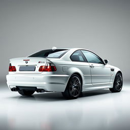 A BMW M3 E46 showcased in a sleek studio setting, featuring soft, smooth lighting that beautifully highlights the car's bodylines and contours