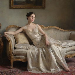 Elegant depiction of a woman posing on a divan for a painting. Her pose is relaxed yet graceful, her gaze contemplative. The divan and the surroundings are richly detailed, adding to the classic, artistic ambiance.