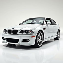 A BMW M3 E46 showcased in a sleek studio setting, featuring soft, smooth lighting that beautifully highlights the car's bodylines and contours