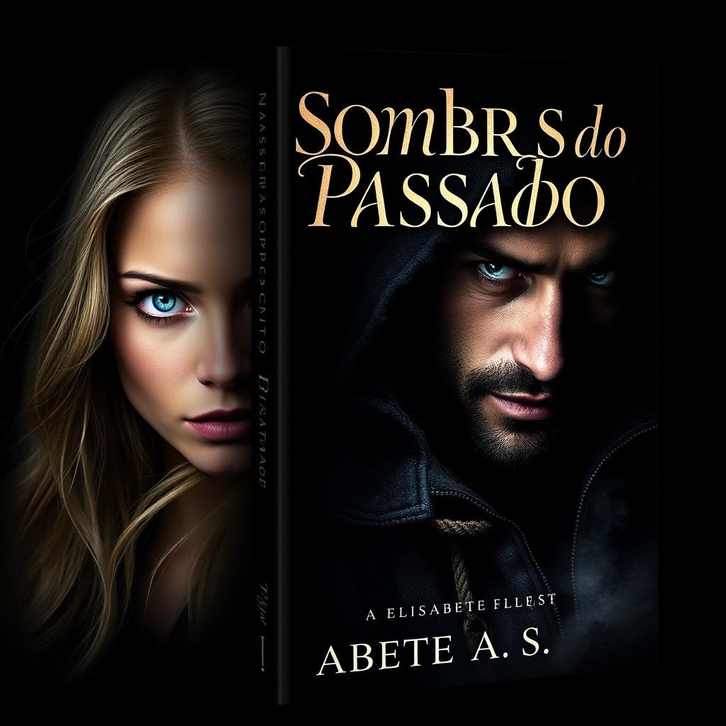 A captivating book cover for a novel titled 'Nas Sombras do Passado' by Elisabete A