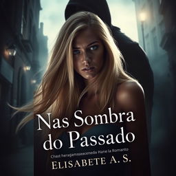 A book cover depicting a thrilling and romantic story titled "Nas Sombras do Passado" by the author Elisabete A