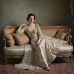 Elegant depiction of a woman posing on a divan for a painting. Her pose is relaxed yet graceful, her gaze contemplative. The divan and the surroundings are richly detailed, adding to the classic, artistic ambiance.