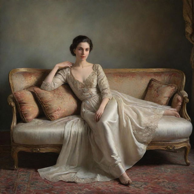 Elegant depiction of a woman posing on a divan for a painting. Her pose is relaxed yet graceful, her gaze contemplative. The divan and the surroundings are richly detailed, adding to the classic, artistic ambiance.