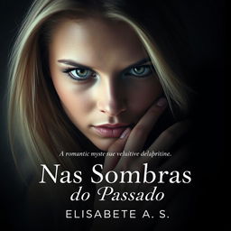 A captivating book cover for a romantic mystery titled "Nas Sombras do Passado" by Elisabete A