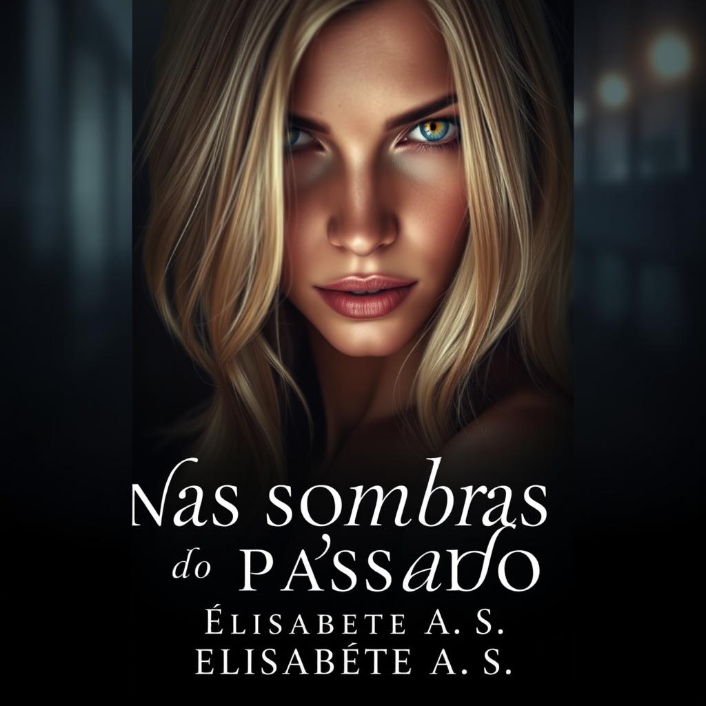 A captivating book cover for a romantic mystery titled "Nas Sombras do Passado" by Elisabete A