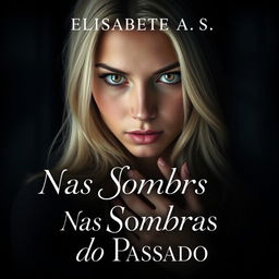 A captivating book cover for a romantic mystery titled "Nas Sombras do Passado" by Elisabete A