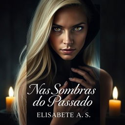 A captivating book cover for a romantic mystery titled "Nas Sombras do Passado" by Elisabete A