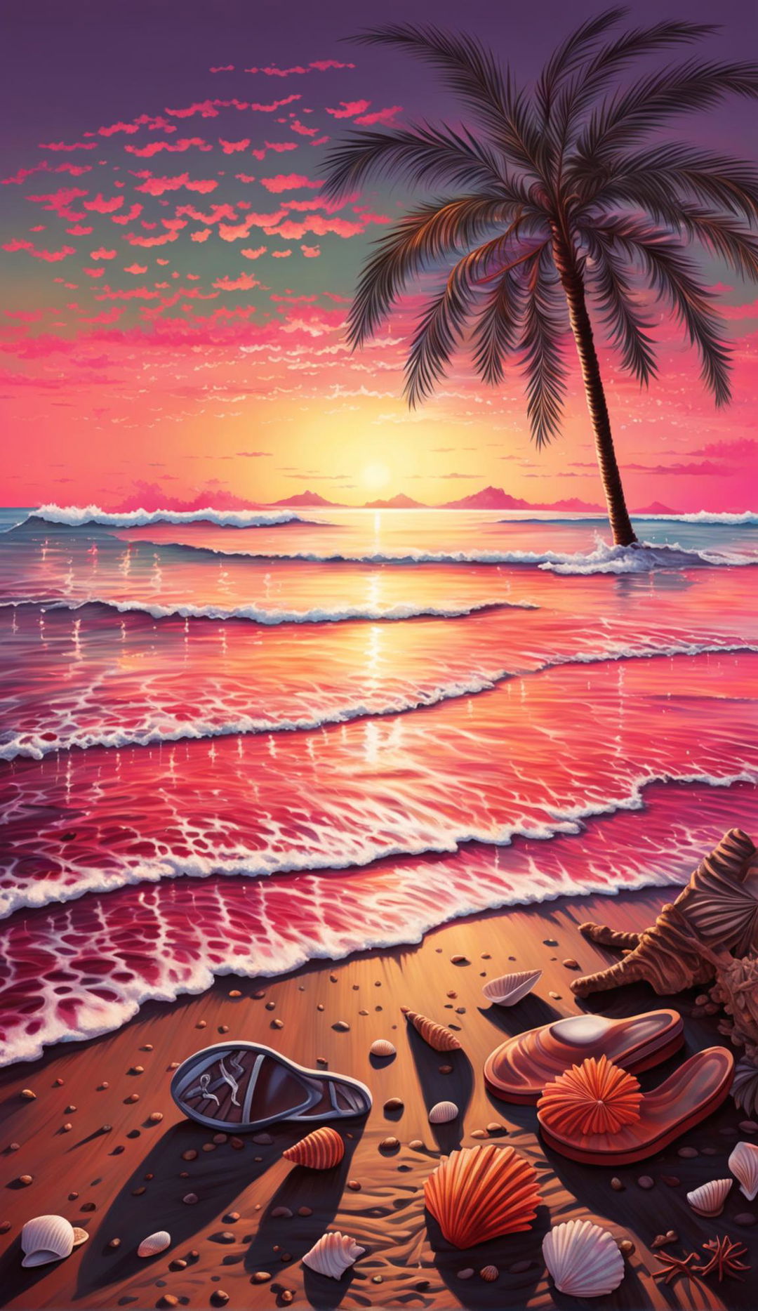 Photorealistic beach scene at sunset with vibrant sky colors reflected in calm sea, seashells and starfish on sand, an abandoned pair of flip-flops, and a palm tree silhouette.