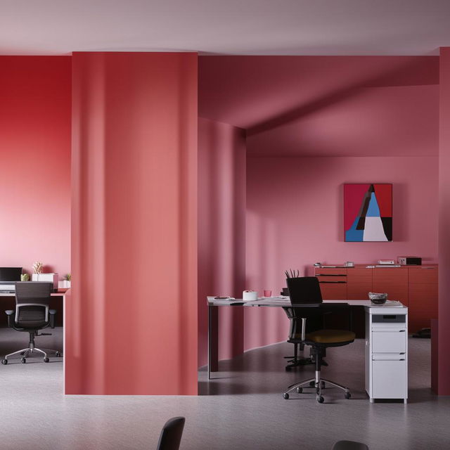 An office scene with modern furniture juxtaposed with a tastefully selected wall color that enhances the aesthetic appeal and harmony of the space.