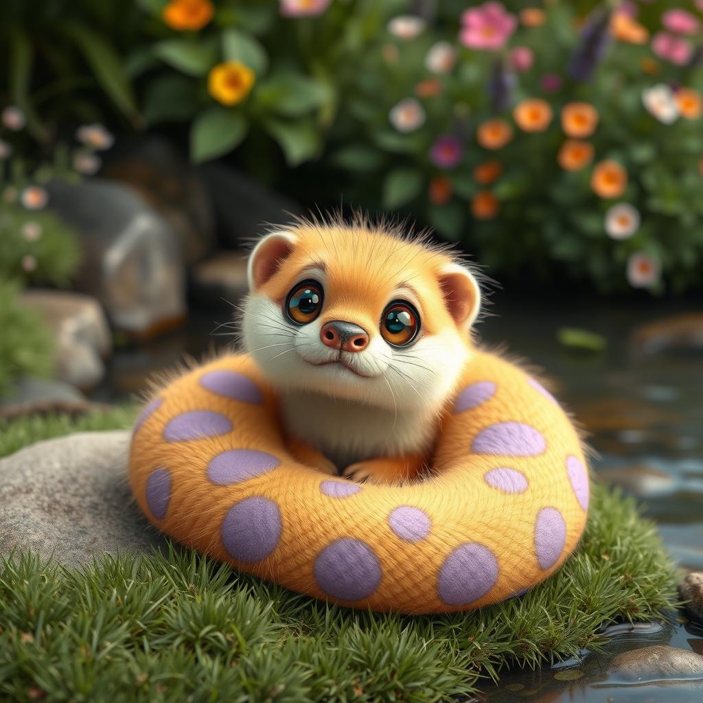 A cute and cuddly otter snake, featuring fluffy golden fur sprinkled with irregular lavender dots across its body