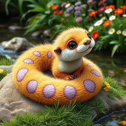 A cute and cuddly otter snake, featuring fluffy golden fur sprinkled with irregular lavender dots across its body